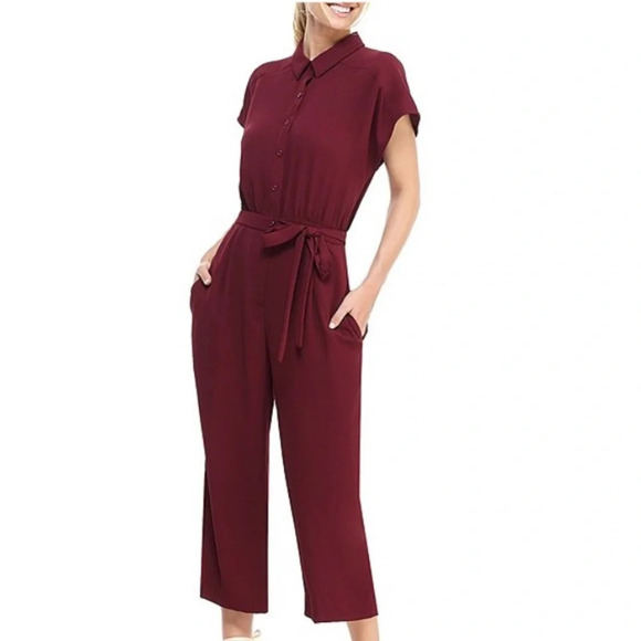 Gal Meets Glam Raina Button-Front Crepe  Jumpsuit Burgundy - Picture 3 of 13
